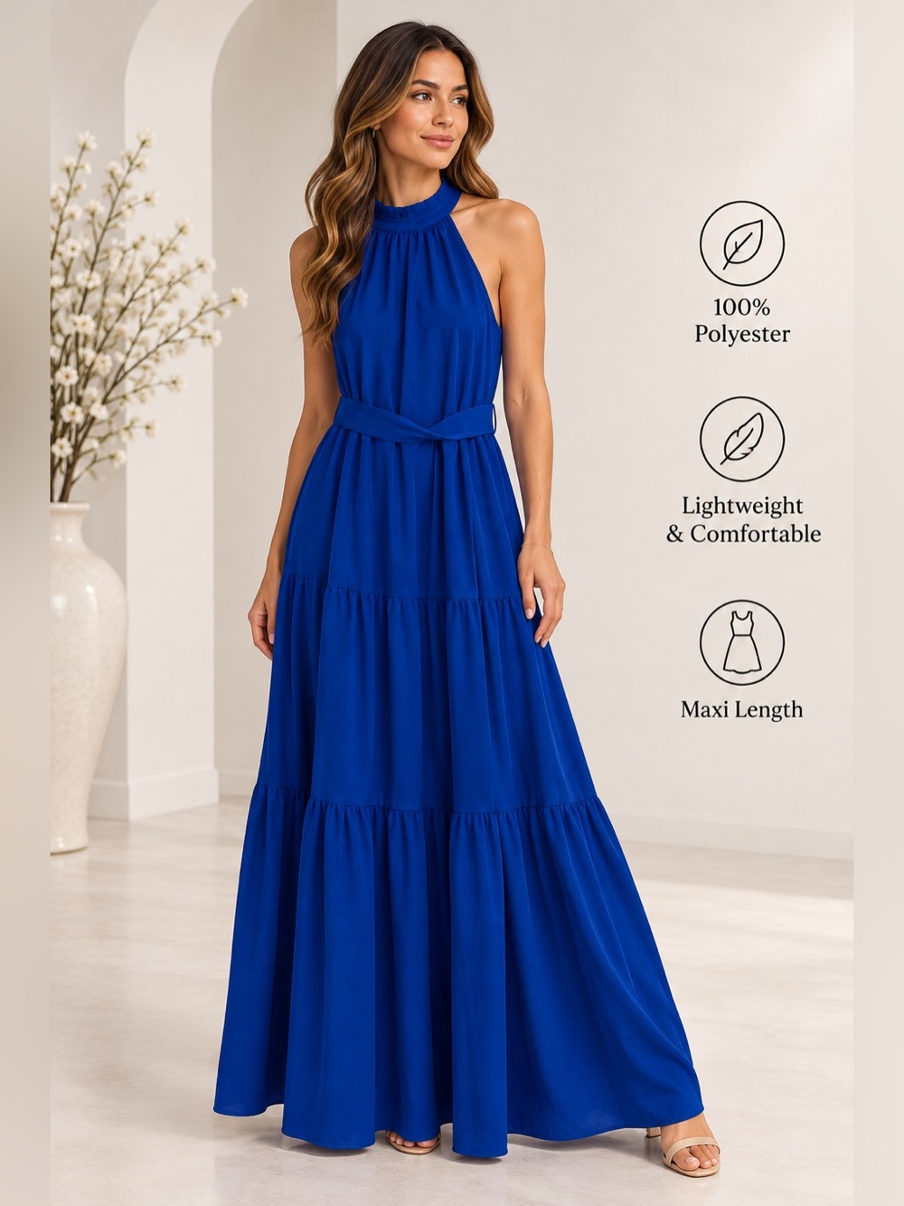 PRETTYGARDEN Blue Halter Tiered Maxi Dress Size Large